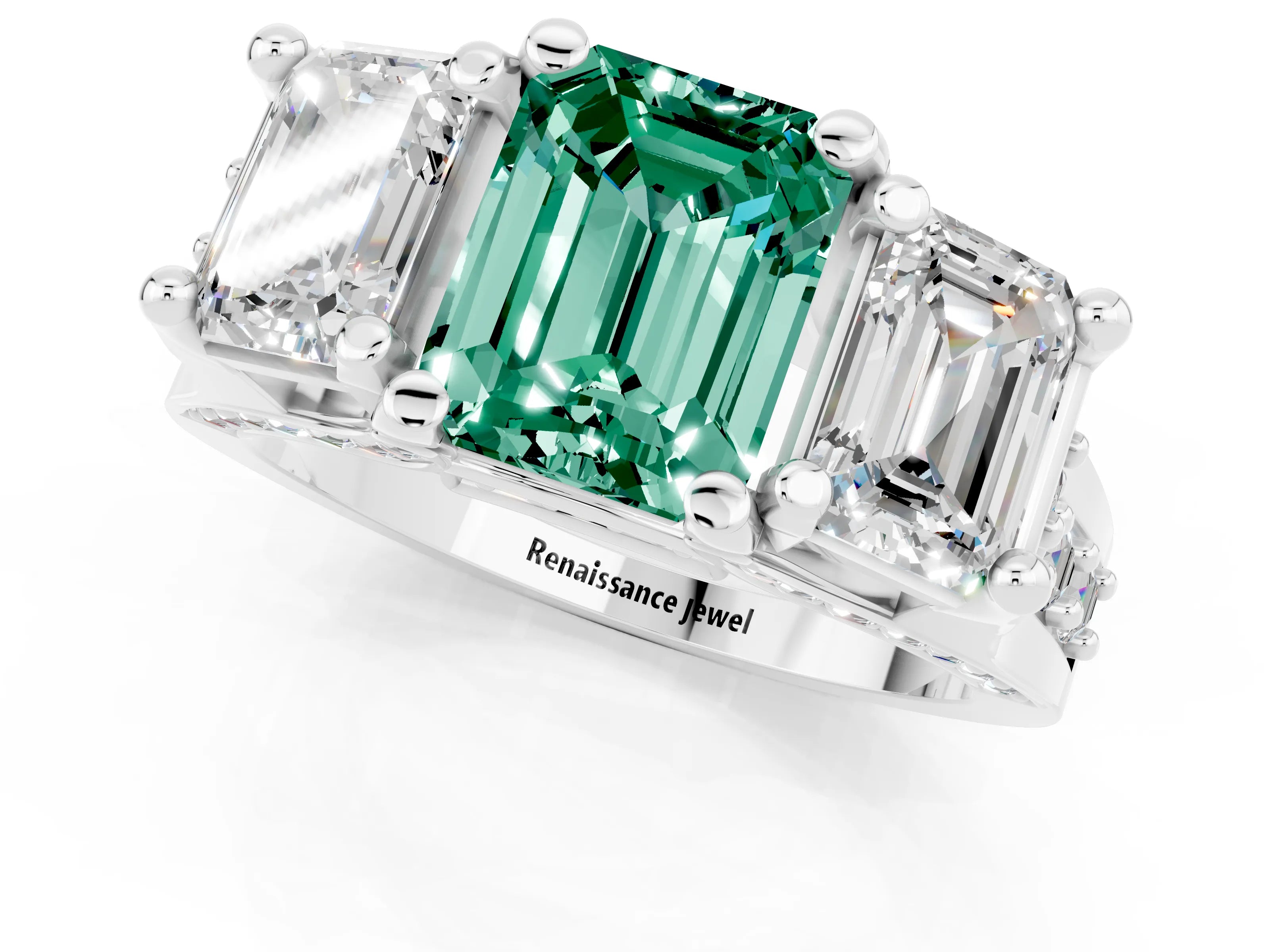 White gold Emerald Cut Green Sapphire Three-Stone Ring with Channel Set Band and Four-Prong Setting_1