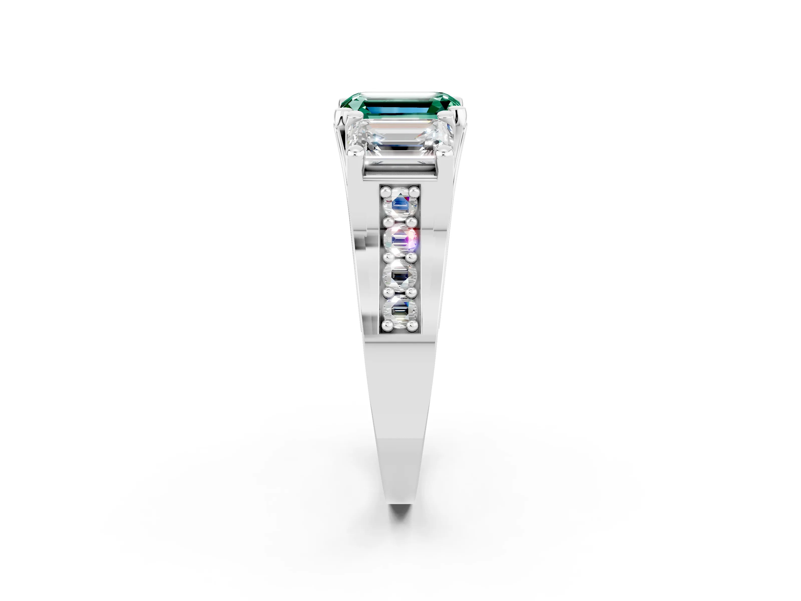 White gold Emerald Cut Green Sapphire Three-Stone Ring with Channel Set Band and Four-Prong Setting_2
