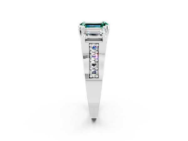White gold Emerald Cut Green Sapphire Three-Stone Ring with Channel Set Band and Four-Prong Setting