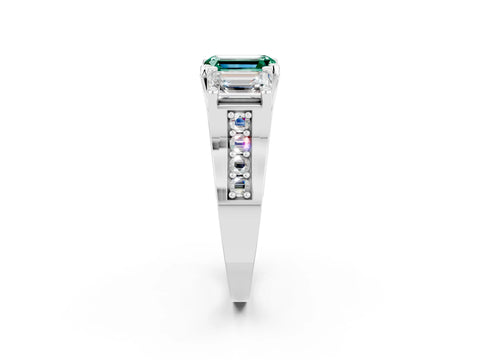 White gold Emerald Cut Green Sapphire Three-Stone Ring with Channel Set Band and Four-Prong Setting_2