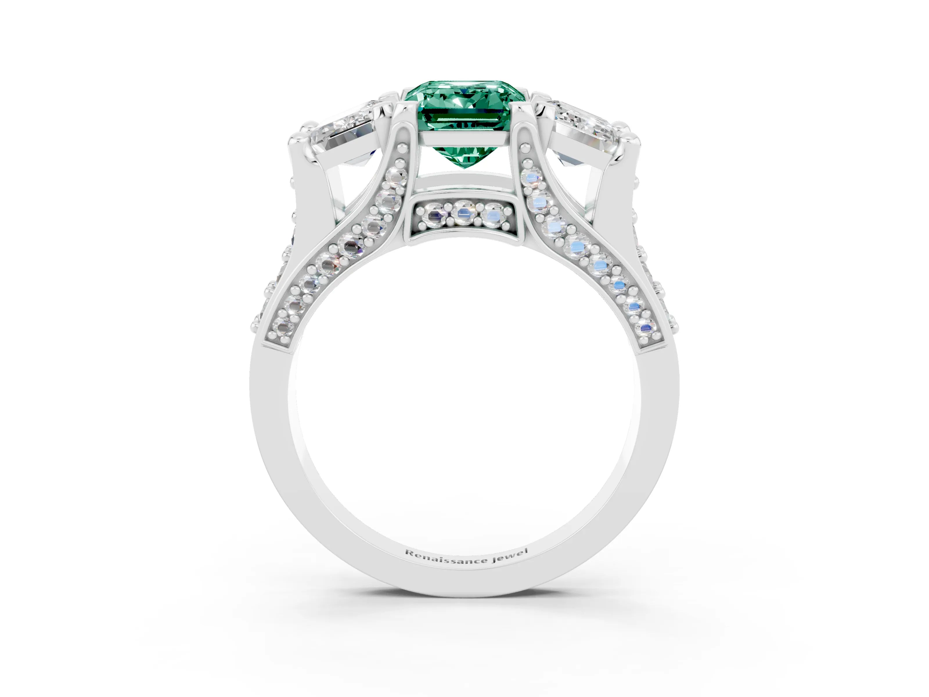 White gold Emerald Cut Green Sapphire Three-Stone Ring with Channel Set Band and Four-Prong Setting_3
