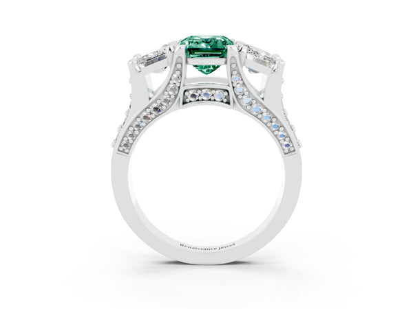 Silver Emerald Cut Green Sapphire Three-Stone Ring with Channel Set Band and Four-Prong Setting