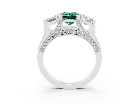 White gold Emerald Cut Green Sapphire Three-Stone Ring with Channel Set Band and Four-Prong Setting_3