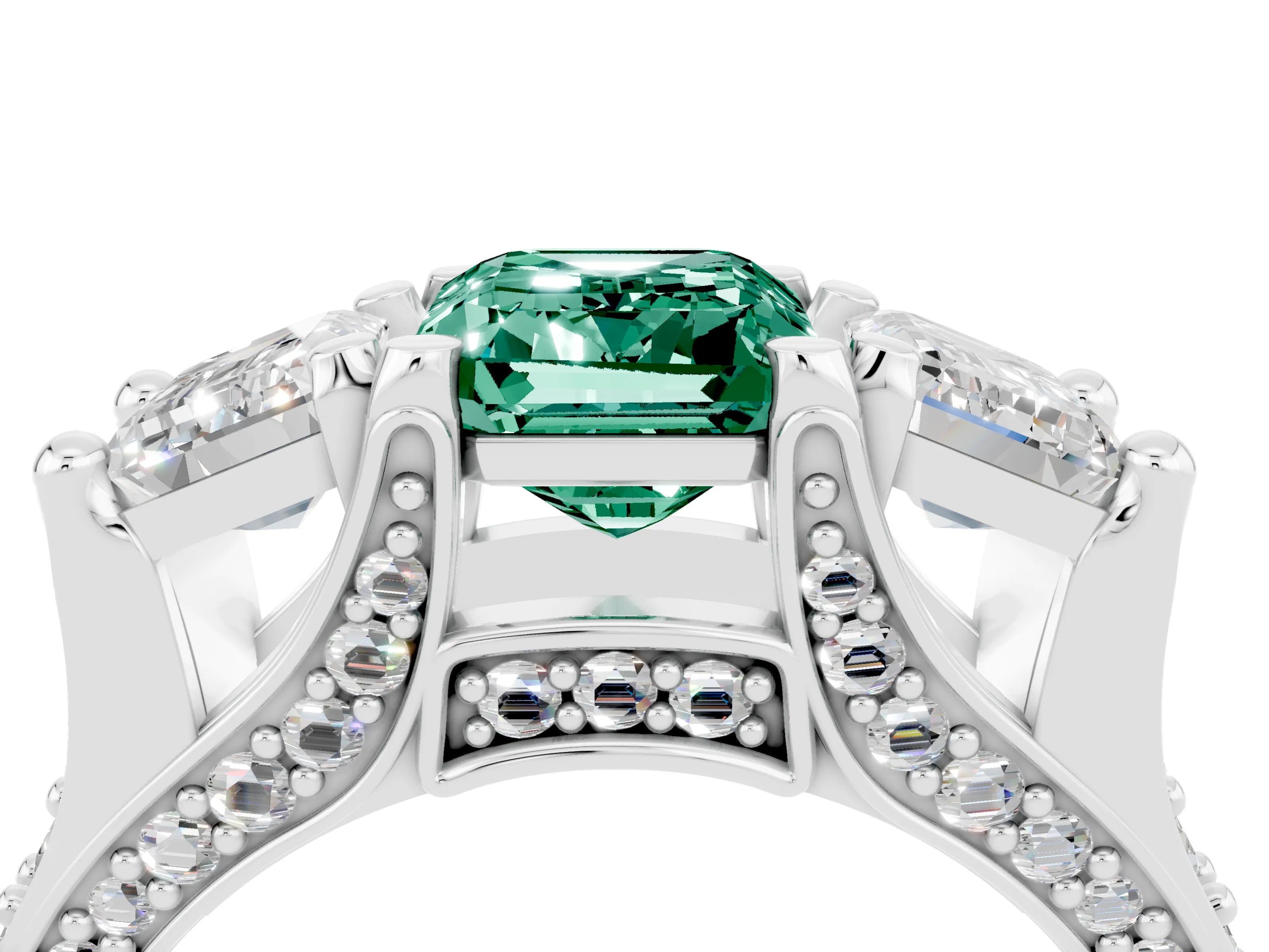 White gold Emerald Cut Green Sapphire Three-Stone Ring with Channel Set Band and Four-Prong Setting_4