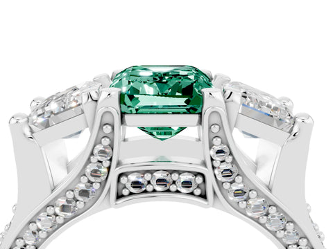 White gold Emerald Cut Green Sapphire Three-Stone Ring with Channel Set Band and Four-Prong Setting_4