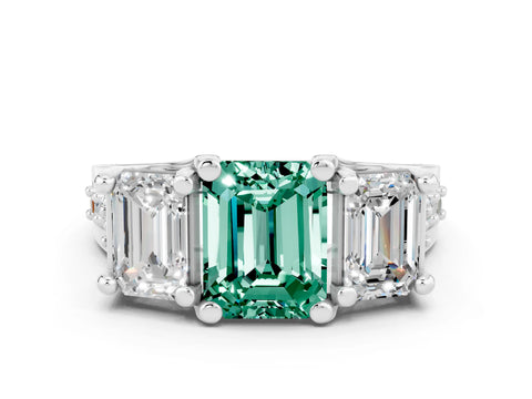 White gold Emerald Cut Green Sapphire Three-Stone Ring with Channel Set Band and Four-Prong Setting