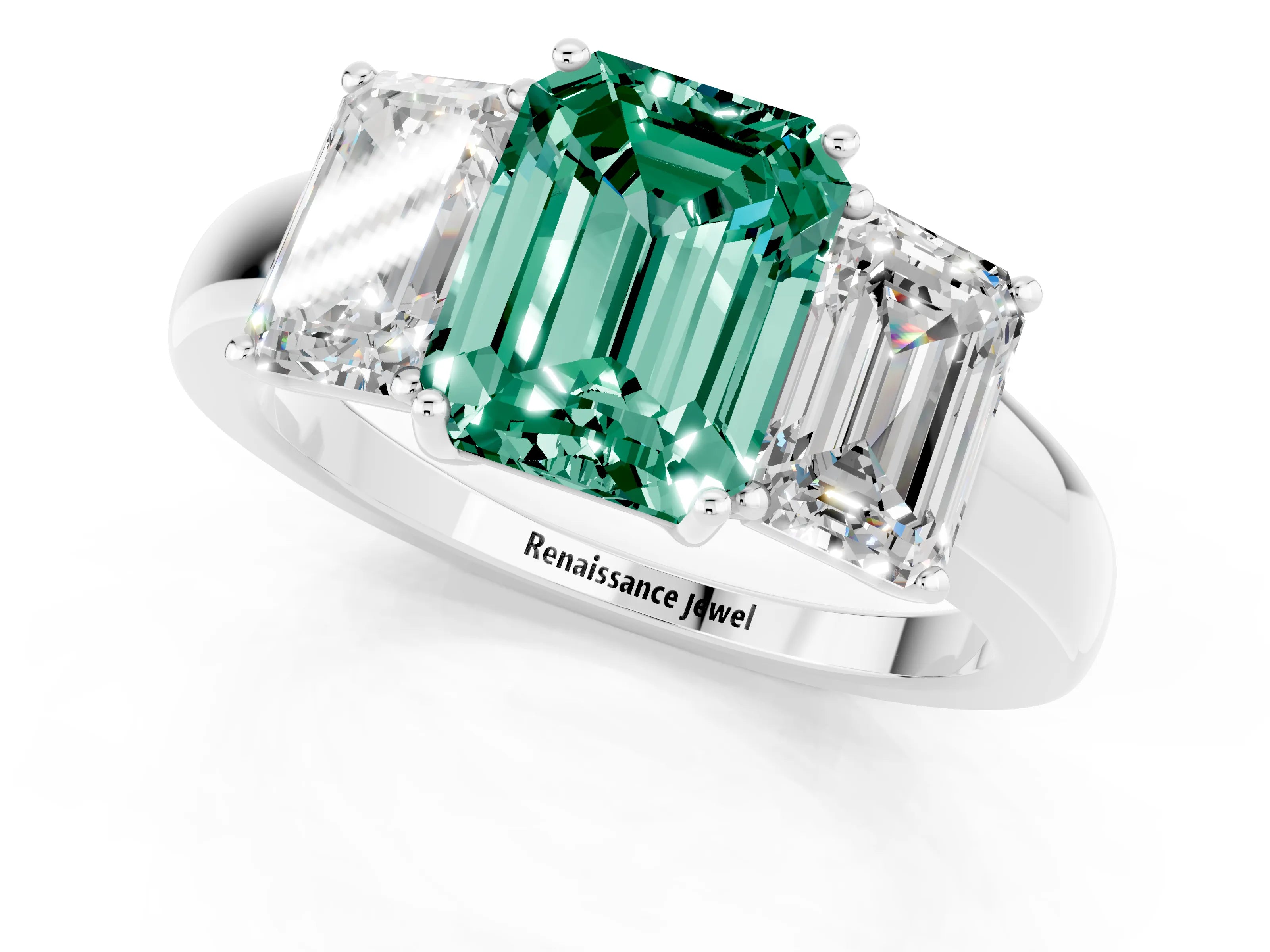 White gold Emerald Cut Green Sapphire Three-Stone Ring with Four-Prong Setting and Classic Band_1