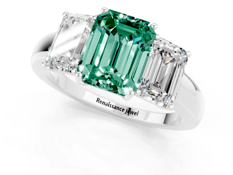 White gold Emerald Cut Green Sapphire Three-Stone Ring with Four-Prong Setting and Classic Band_1