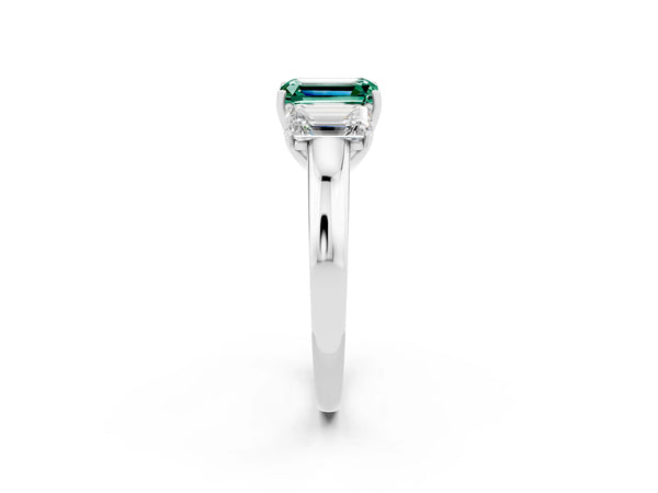 Platinum Emerald Cut Green Sapphire Three-Stone Ring with Four-Prong Setting and Classic Band