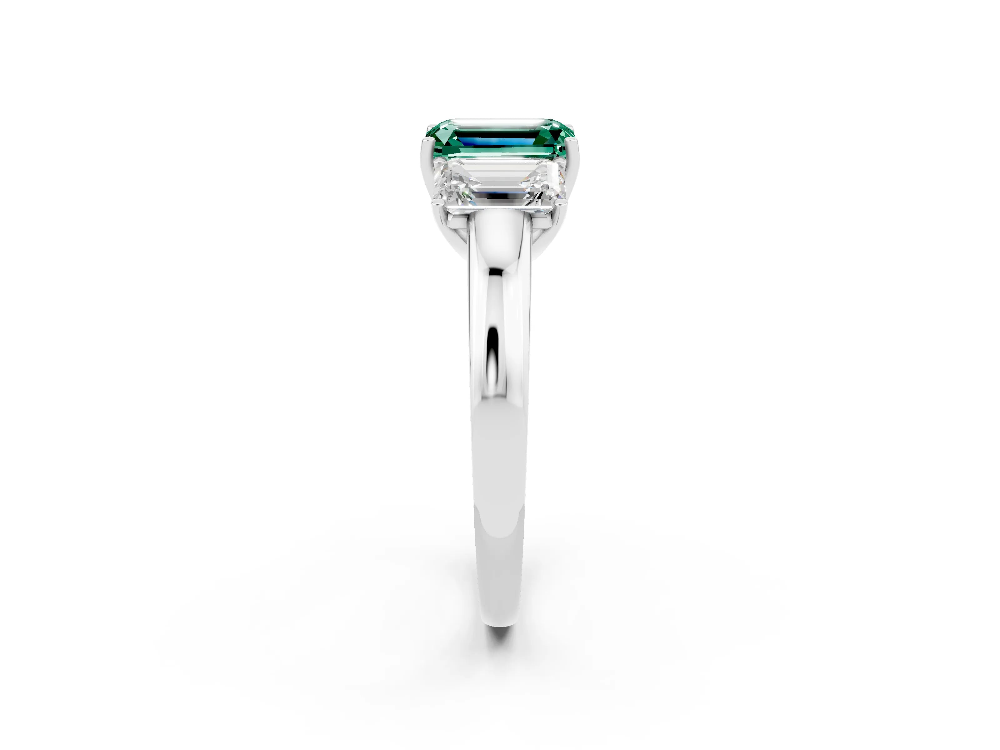 White gold Emerald Cut Green Sapphire Three-Stone Ring with Four-Prong Setting and Classic Band_2