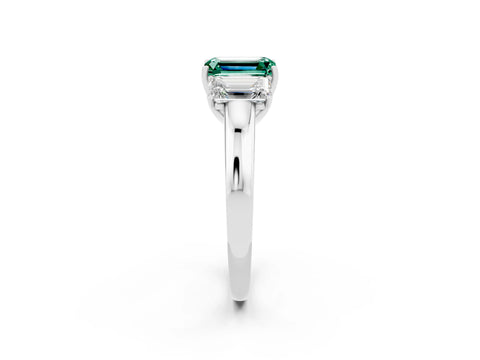 White gold Emerald Cut Green Sapphire Three-Stone Ring with Four-Prong Setting and Classic Band_2