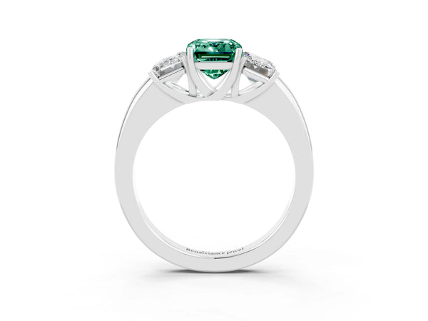 White gold Emerald Cut Green Sapphire Three-Stone Ring with Four-Prong Setting and Classic Band