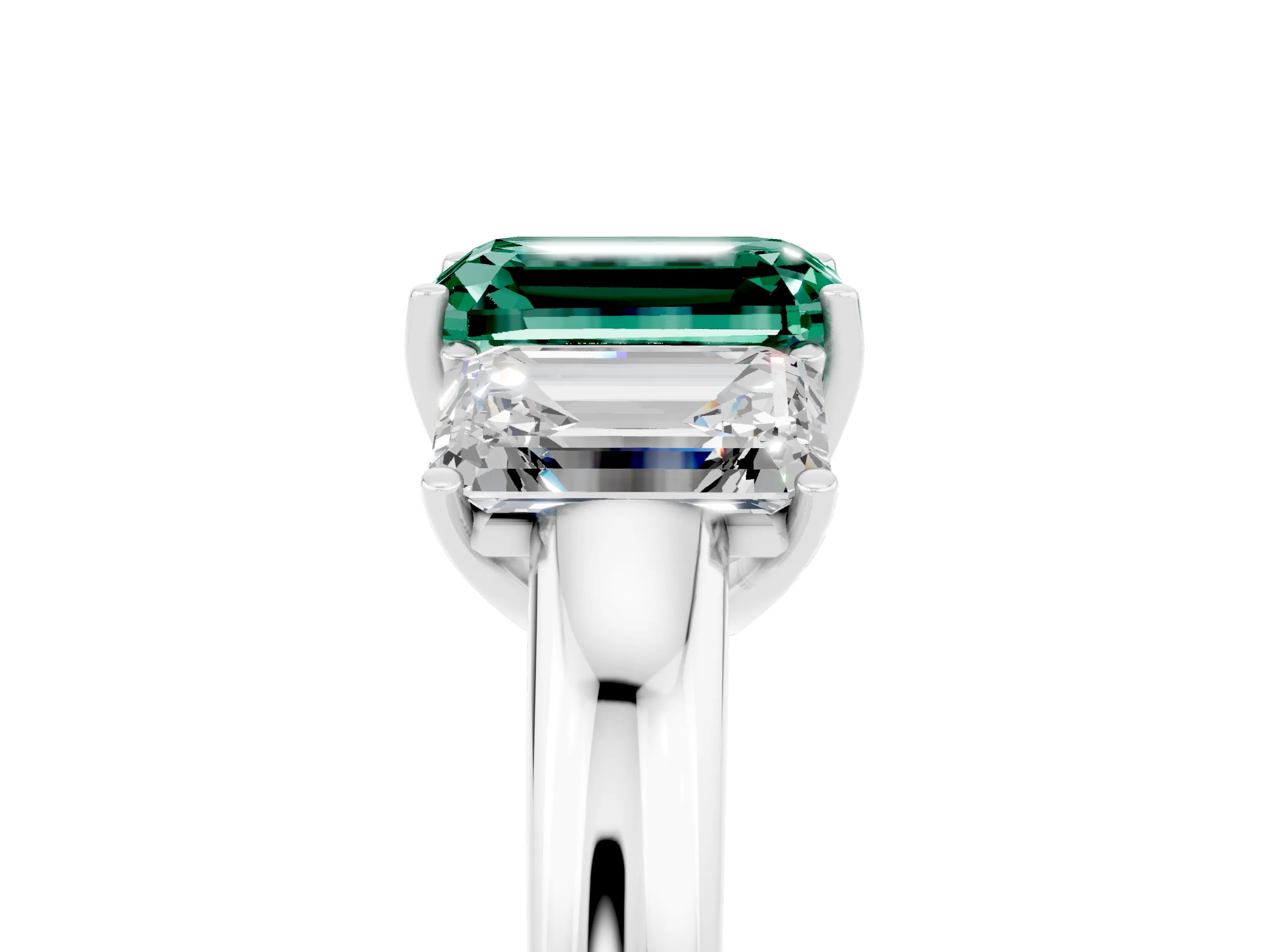 White gold Emerald Cut Green Sapphire Three-Stone Ring with Four-Prong Setting and Classic Band_5