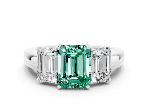 White gold Emerald Cut Green Sapphire Three-Stone Ring with Four-Prong Setting and Classic Band
