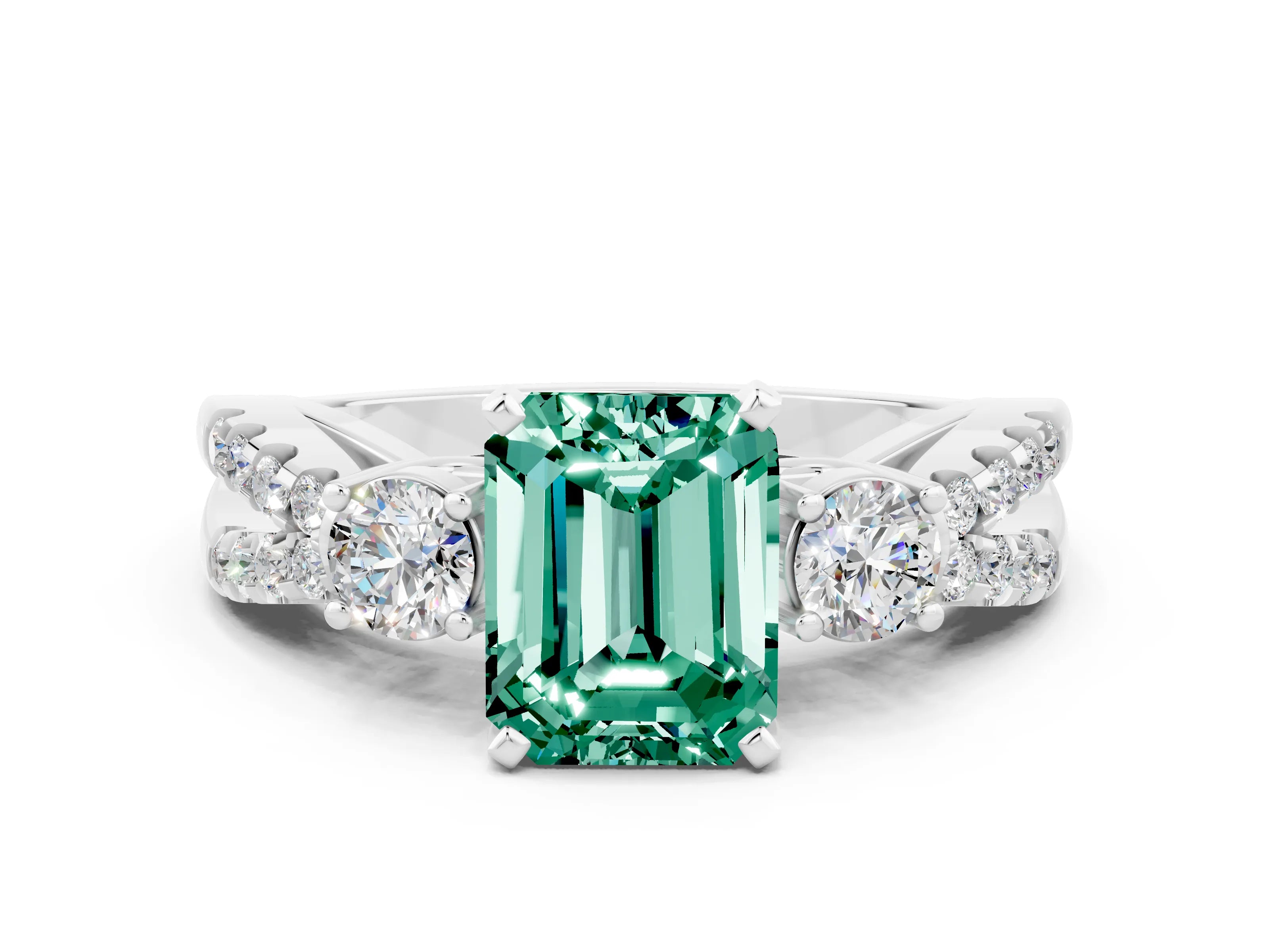 White gold Emerald Cut Green Sapphire Three-Stone Ring with Pavé Split Shank and Four-Prong Setting
