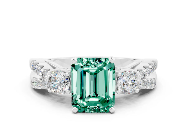 Platinum Emerald Cut Green Sapphire Three-Stone Ring with Pavé Split Shank and Four-Prong Setting