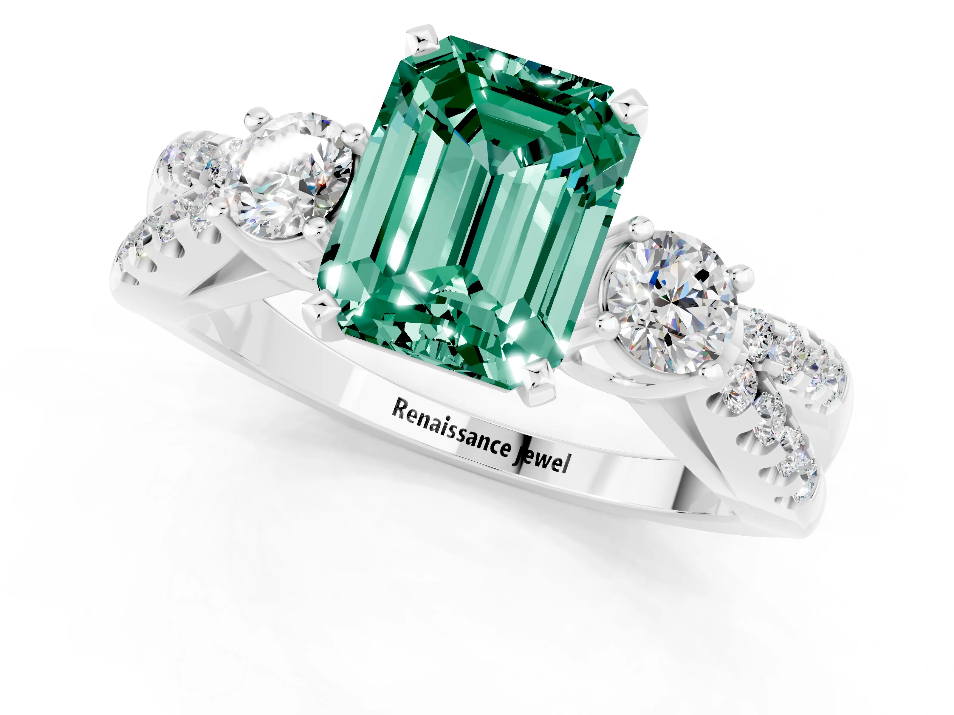 White gold Emerald Cut Green Sapphire Three-Stone Ring with Pavé Split Shank and Four-Prong Setting_1
