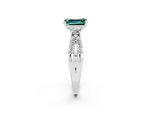 Platinum Emerald Cut Green Sapphire Three-Stone Ring with Pavé Split Shank and Four-Prong Setting