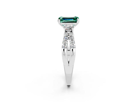White gold Emerald Cut Green Sapphire Three-Stone Ring with Pavé Split Shank and Four-Prong Setting_2