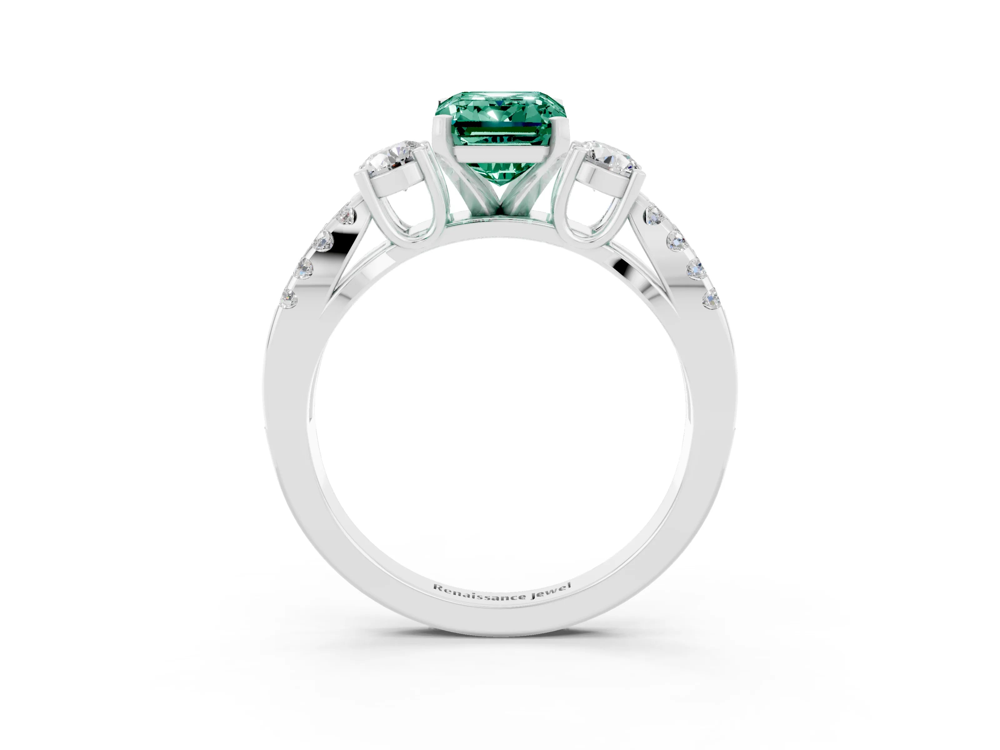 White gold Emerald Cut Green Sapphire Three-Stone Ring with Pavé Split Shank and Four-Prong Setting_3