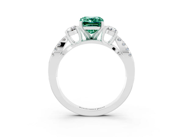 Platinum Emerald Cut Green Sapphire Three-Stone Ring with Pavé Split Shank and Four-Prong Setting
