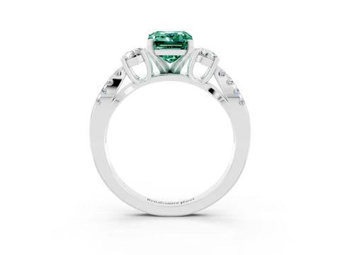 White gold Emerald Cut Green Sapphire Three-Stone Ring with Pavé Split Shank and Four-Prong Setting_3