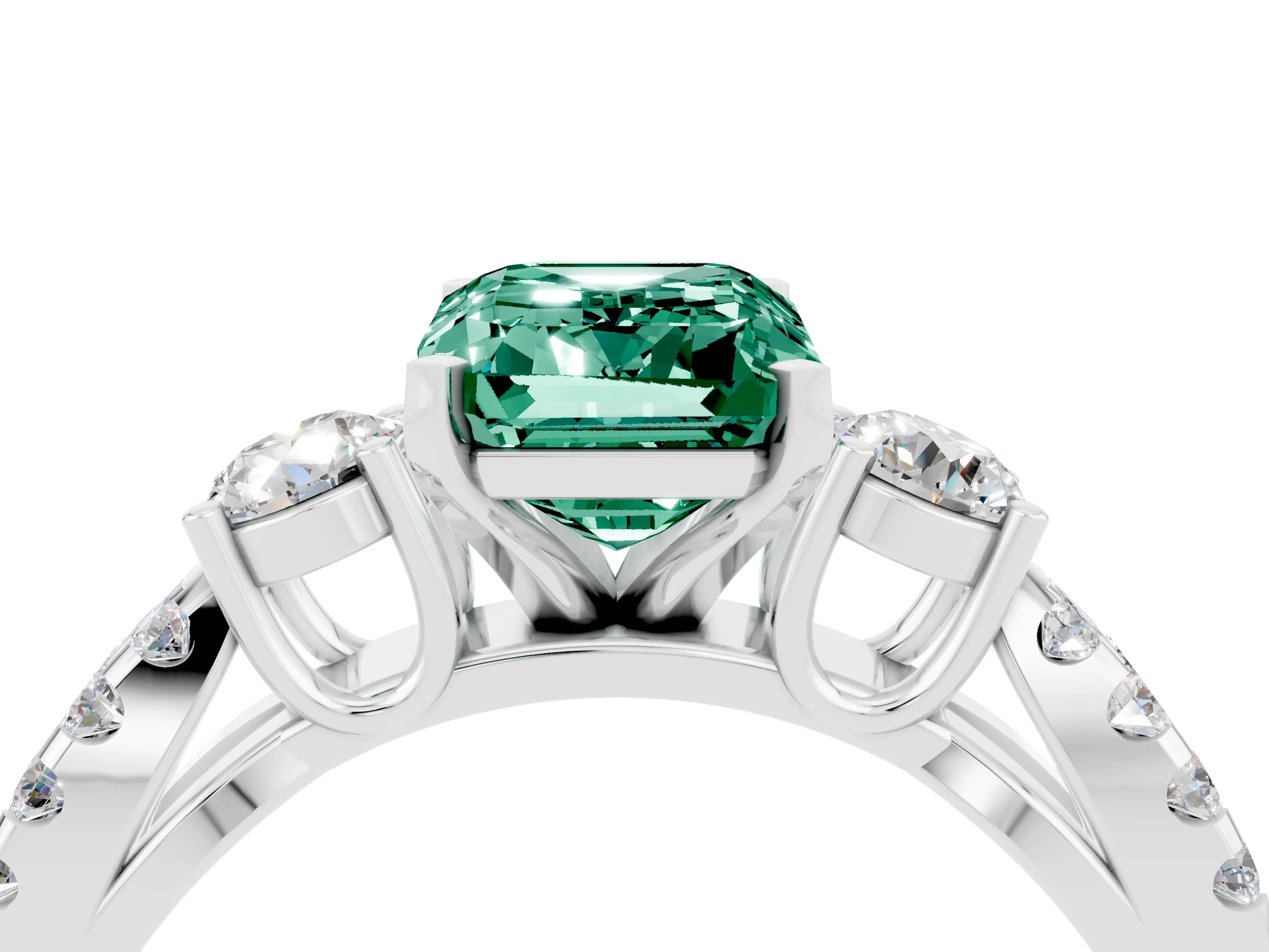 White gold Emerald Cut Green Sapphire Three-Stone Ring with Pavé Split Shank and Four-Prong Setting_4