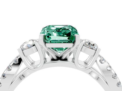 White gold Emerald Cut Green Sapphire Three-Stone Ring with Pavé Split Shank and Four-Prong Setting_4