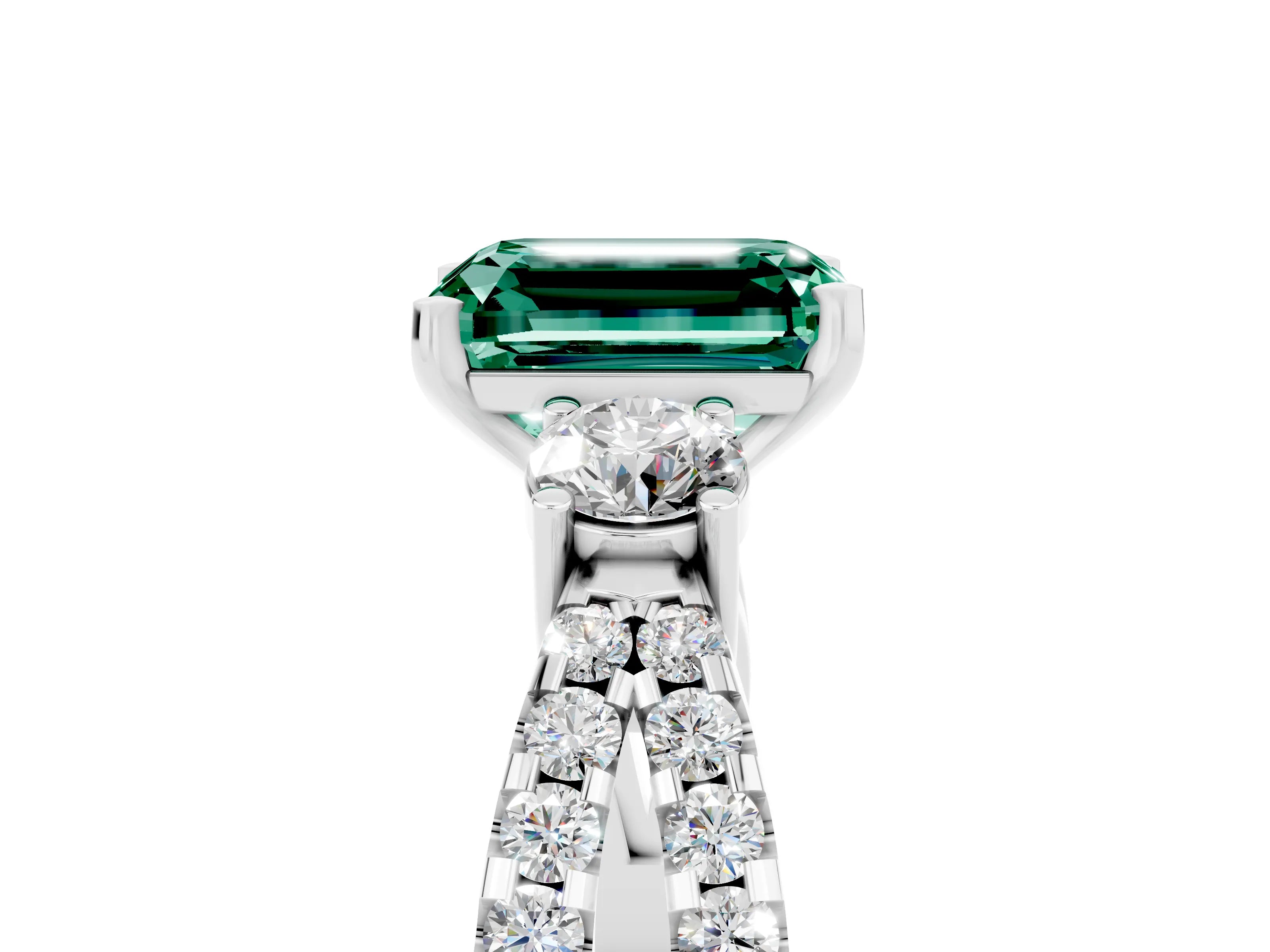 White gold Emerald Cut Green Sapphire Three-Stone Ring with Pavé Split Shank and Four-Prong Setting_5