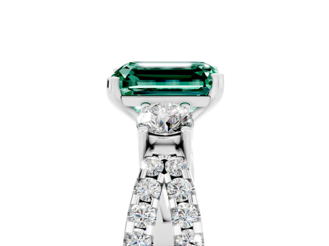 White gold Emerald Cut Green Sapphire Three-Stone Ring with Pavé Split Shank and Four-Prong Setting_5