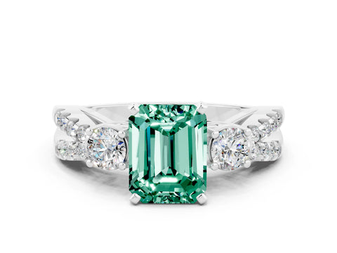 White gold Emerald Cut Green Sapphire Three-Stone Ring with Pavé Split Shank and Four-Prong Setting