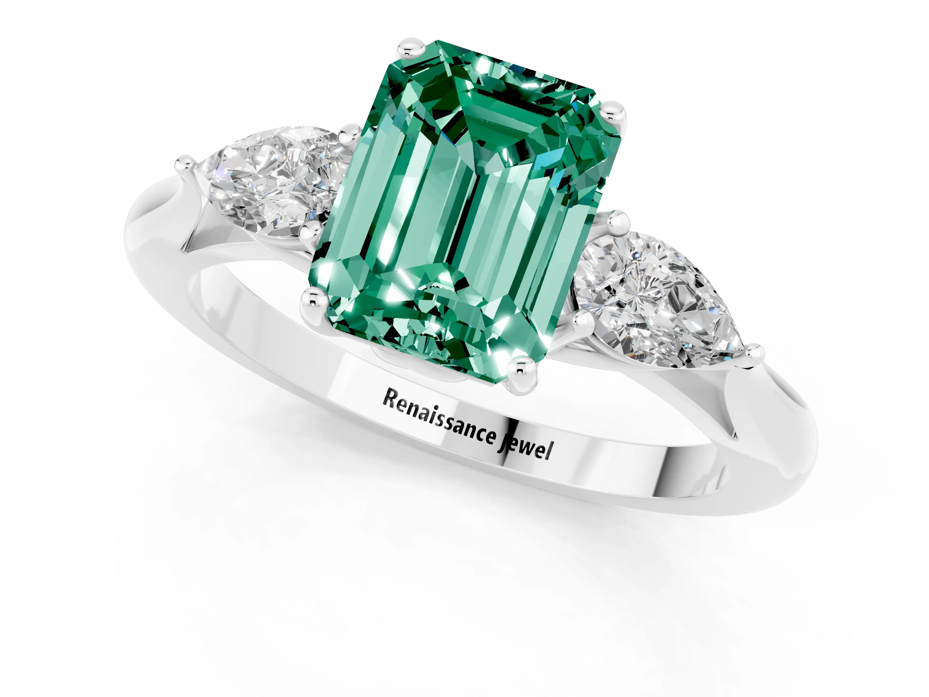White gold Emerald Cut Green Sapphire Three-Stone Ring with Pear Side Stones and Four-Prong Setting_31