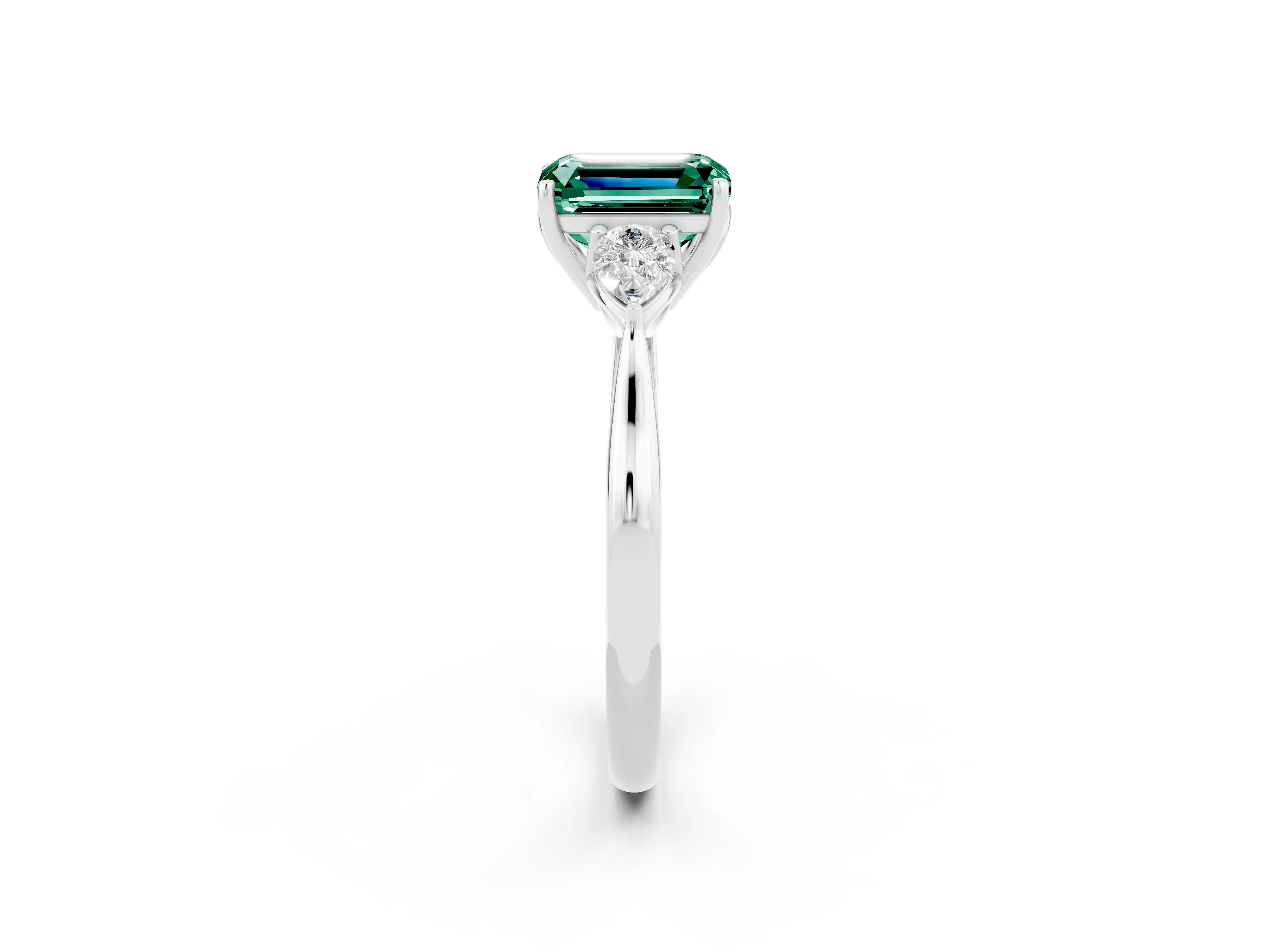 White gold Emerald Cut Green Sapphire Three-Stone Ring with Pear Side Stones and Four-Prong Setting_32