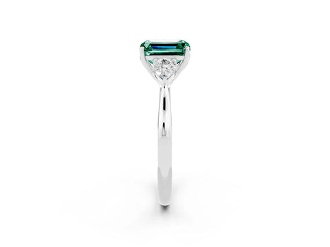 White gold Emerald Cut Green Sapphire Three-Stone Ring with Pear Side Stones and Four-Prong Setting_32