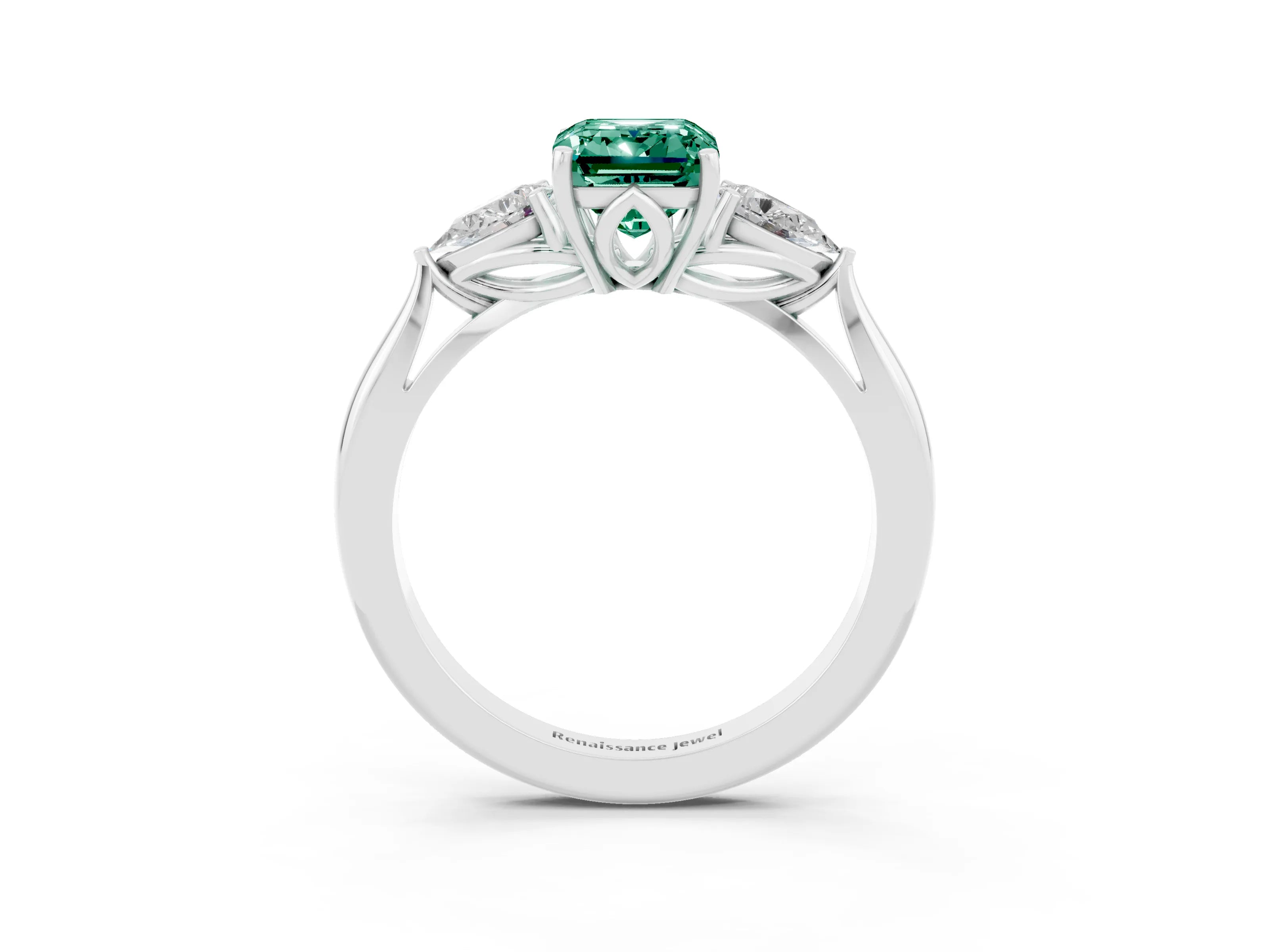 White gold Emerald Cut Green Sapphire Three-Stone Ring with Pear Side Stones and Four-Prong Setting_33