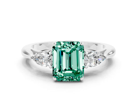 White gold Emerald Cut Green Sapphire Three-Stone Ring with Pear Side Stones and Four-Prong Setting_36