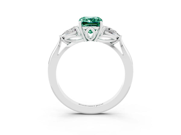 Platinum Emerald Cut Green Sapphire Three-Stone Ring with Pear  Side Stones and Prong Setting
