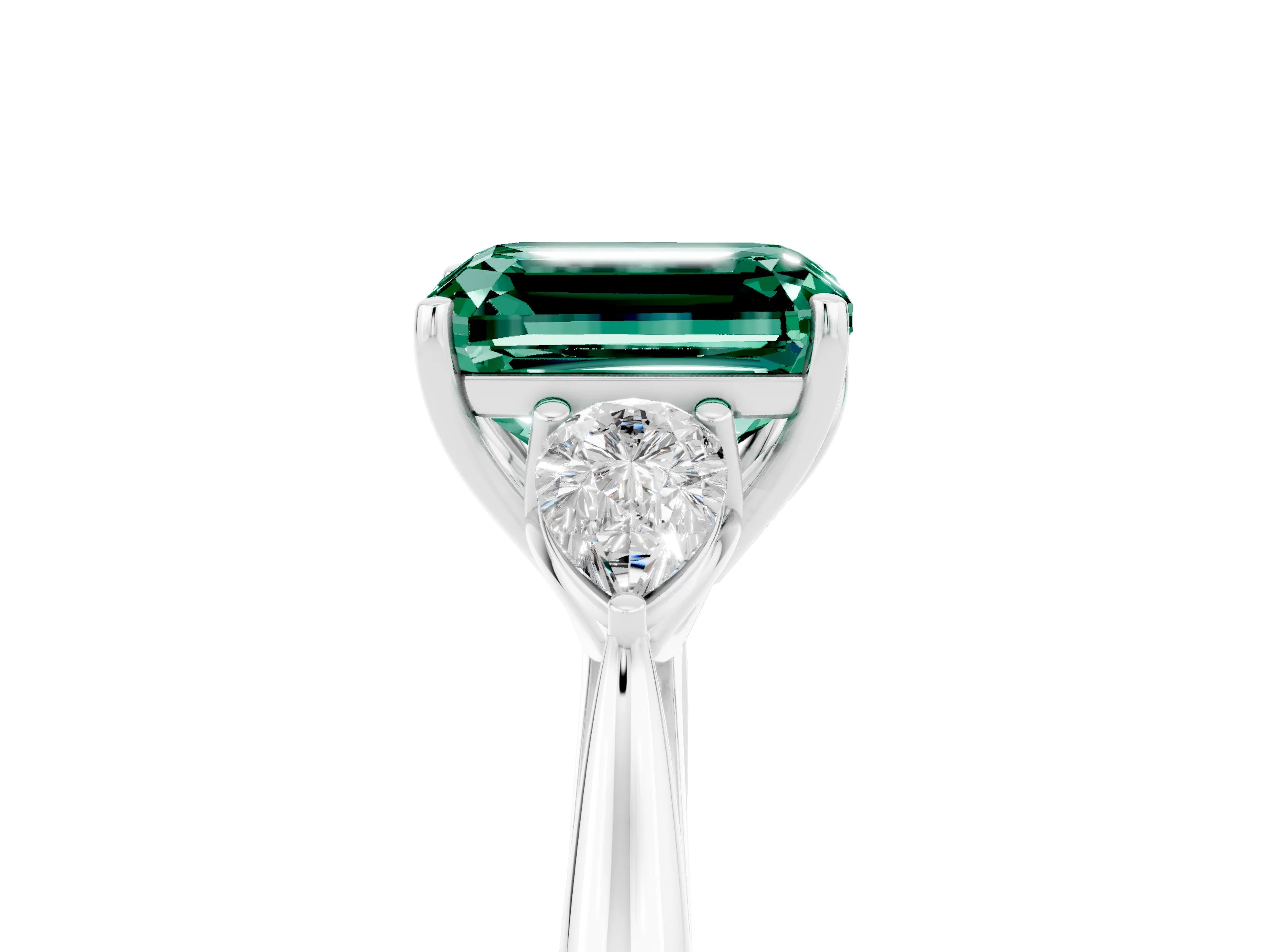White gold Emerald Cut Green Sapphire Three-Stone Ring with Pear Side Stones and Four-Prong Setting_41