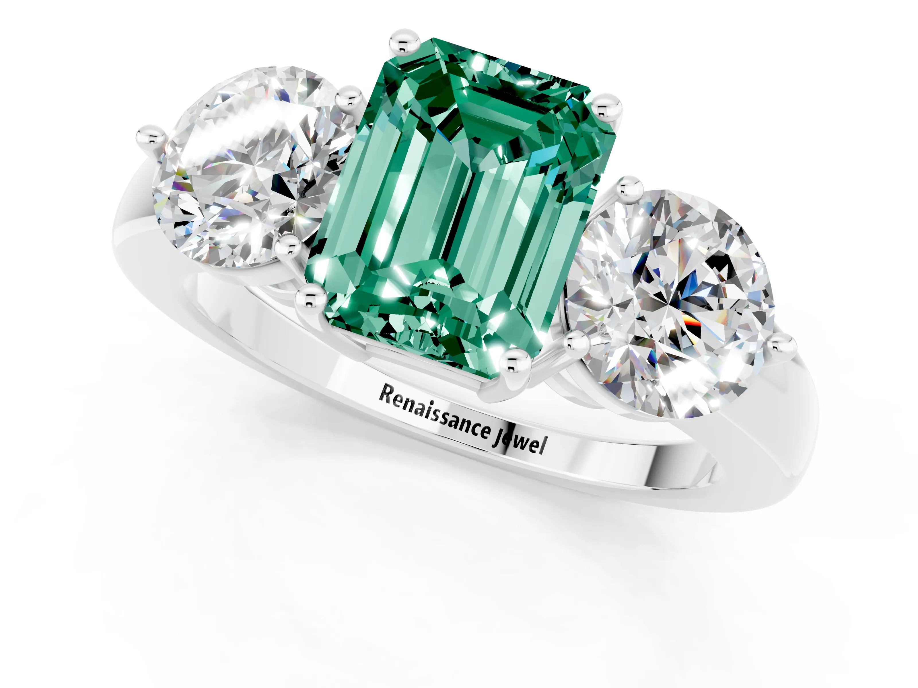 White gold Emerald Cut Green Sapphire Three-Stone Ring with Prong Setting and Classic Band_1