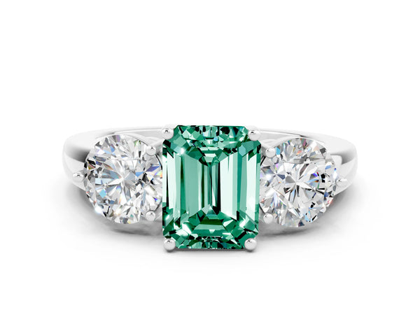 White gold Emerald Cut Green Sapphire Three-Stone Ring with Prong Setting and Classic Band