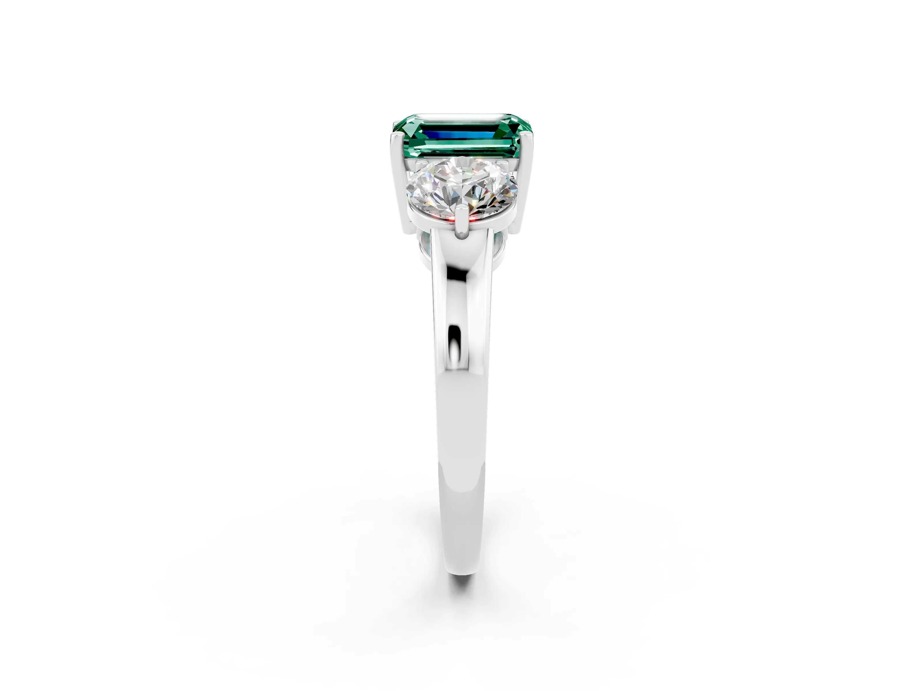 White gold Emerald Cut Green Sapphire Three-Stone Ring with Prong Setting and Classic Band_2
