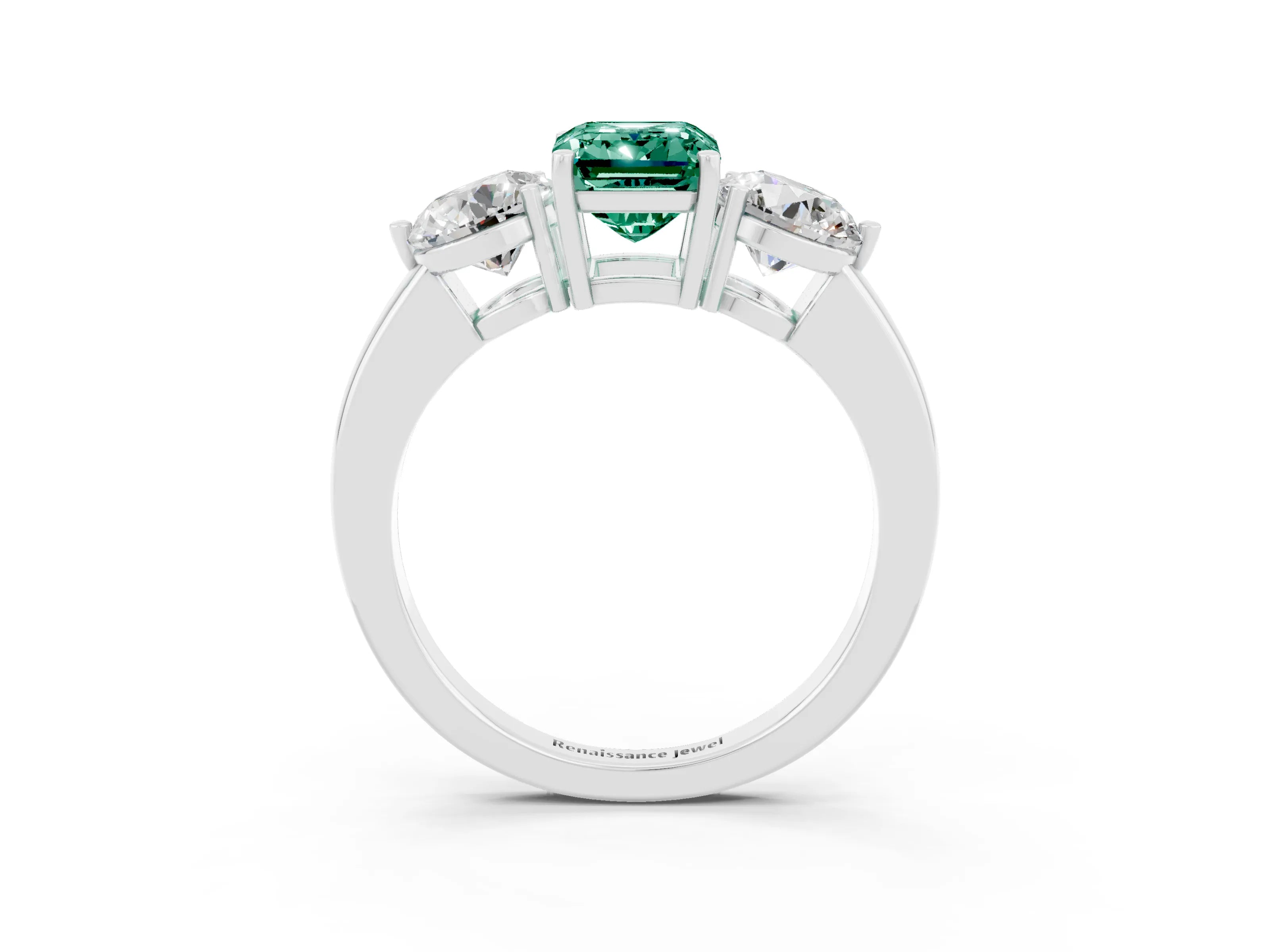 White gold Emerald Cut Green Sapphire Three-Stone Ring with Prong Setting and Classic Band_3