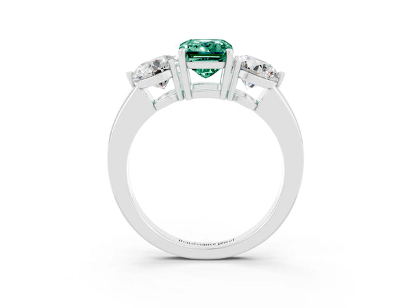 Silver Emerald Cut Green Sapphire Three-Stone Ring with Prong Setting and Classic Band
