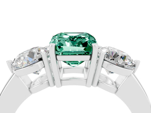 White gold Emerald Cut Green Sapphire Three-Stone Ring with Prong Setting and Classic Band_4