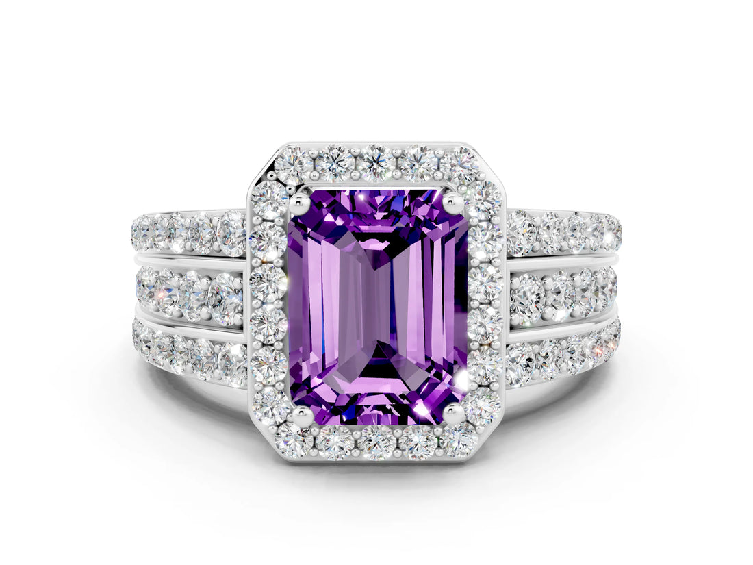 White gold Emerald Cut Halo Amethyst Ring with Round  Split Shank and Prong Setting_12
