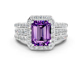 White gold Emerald Cut Halo Amethyst Ring with Round  Split Shank and Prong Setting_12