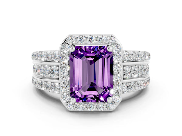 White gold Emerald Cut Halo Amethyst Ring with Round  Split Shank and Prong Setting
