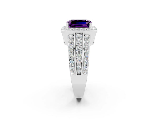 White gold Emerald Cut Halo Amethyst Ring with Round  Split Shank and Prong Setting