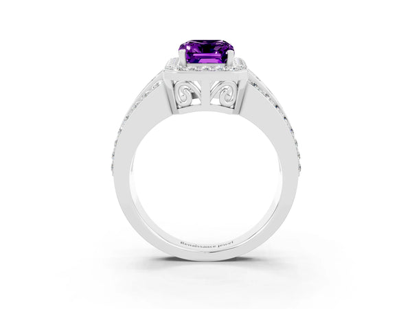 Platinum Emerald Cut Halo Amethyst Ring with Round  Split Shank and Prong Setting
