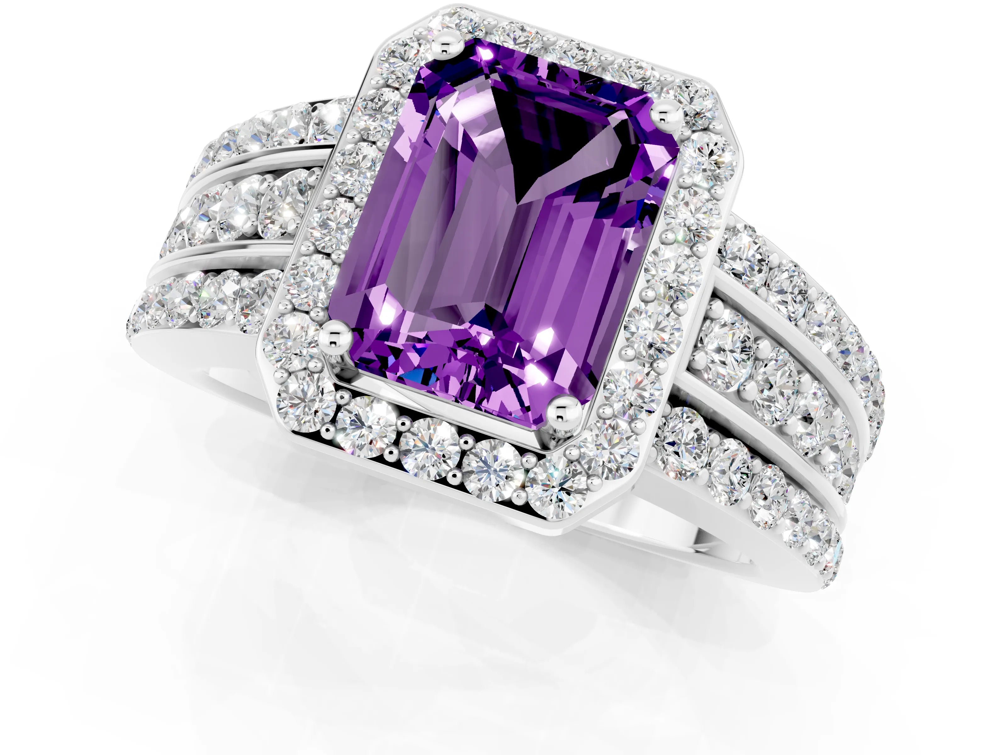 White gold Emerald Cut Halo Amethyst Ring with Split Shank and Four-Prong Setting_1